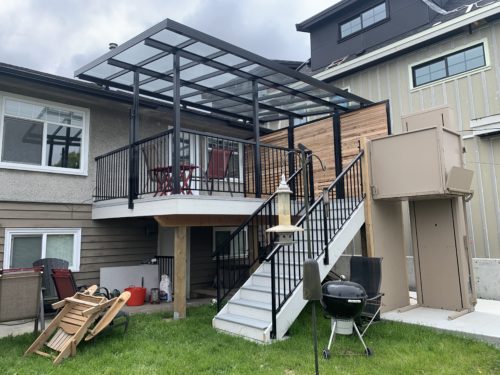 Burnaby - Glass Canopy, Horizontal Wood Privacy Wall, Composite Trex Foggy Wharf Stairs (3)